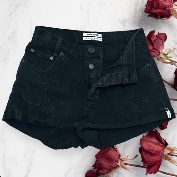 ONE TEASPOON HAWKS Relaxed Jean Shorts High Rise Twisted Cuff Ripped Black 26 - Picture 1 of 10